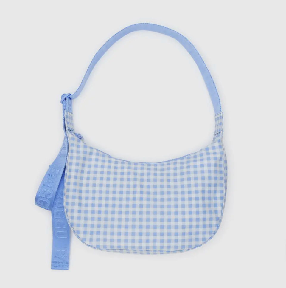 Medium Nylon Crescent Bag - Light Blue Gingham