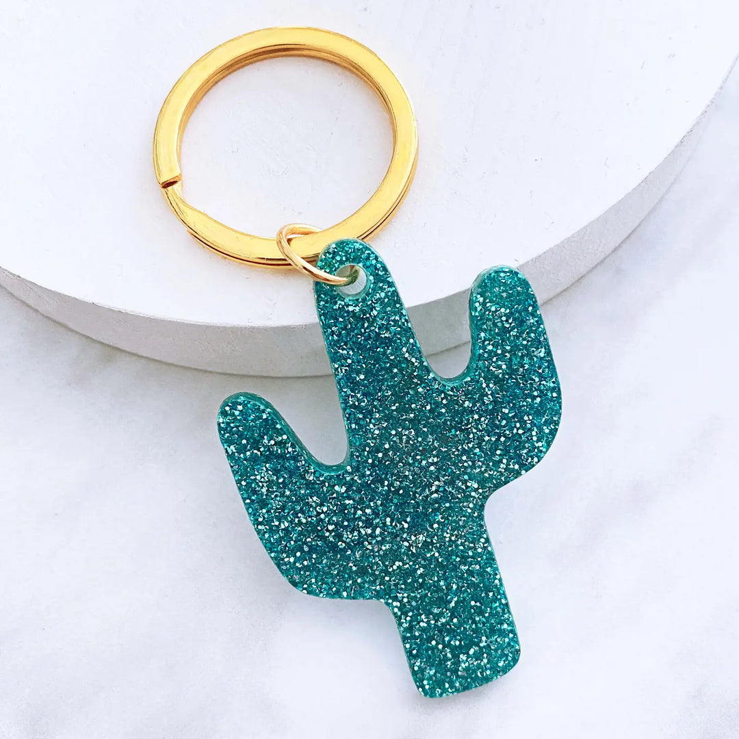 Acrylic Cactus Keyring – Teal Glitter