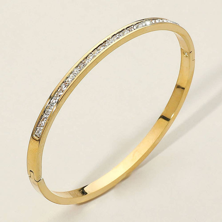 SECRET BOX_Stainless Steel Single Row Rhinestone Paved Hinged Bangle Bracelet: Rhodium