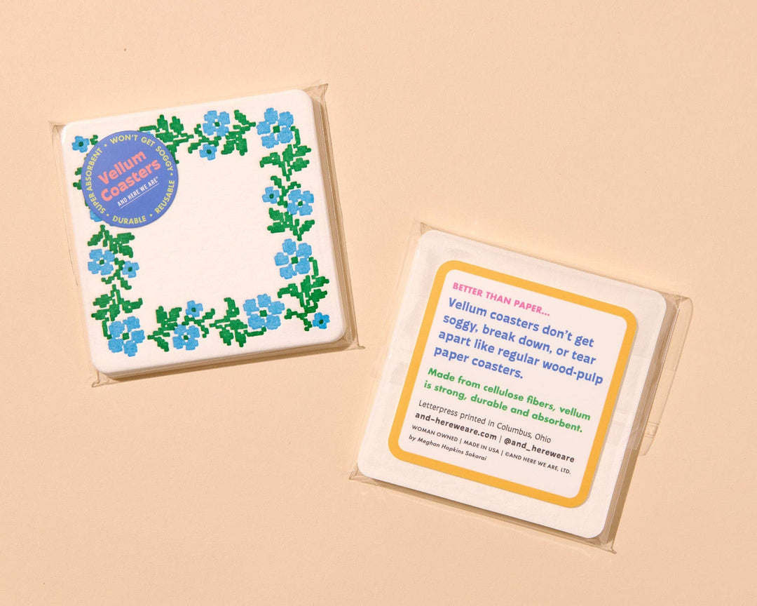 Cross Stitch Flower Vellum Coasters - Blue/Green (Set of 4)