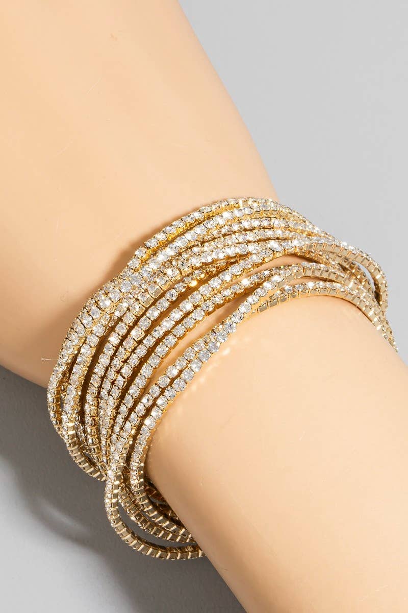 10 Piece Elastic Rhinestone Bracelet Set: Gold