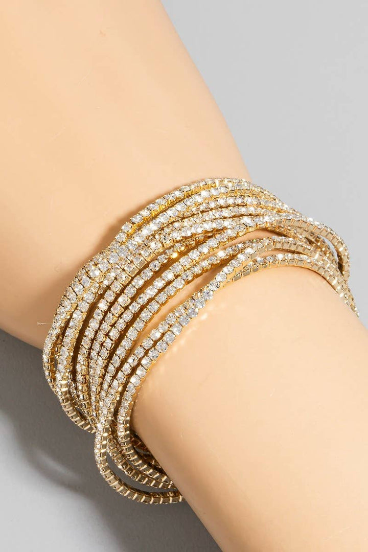 10 Piece Elastic Rhinestone Bracelet Set: Gold