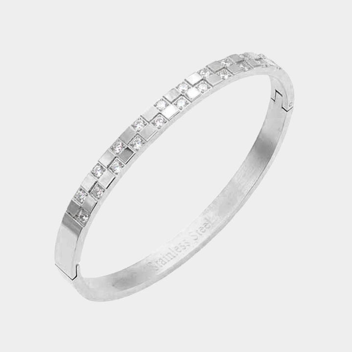 CZ Embellished Stainless Steel Bangle Evening Bracelet: Silver