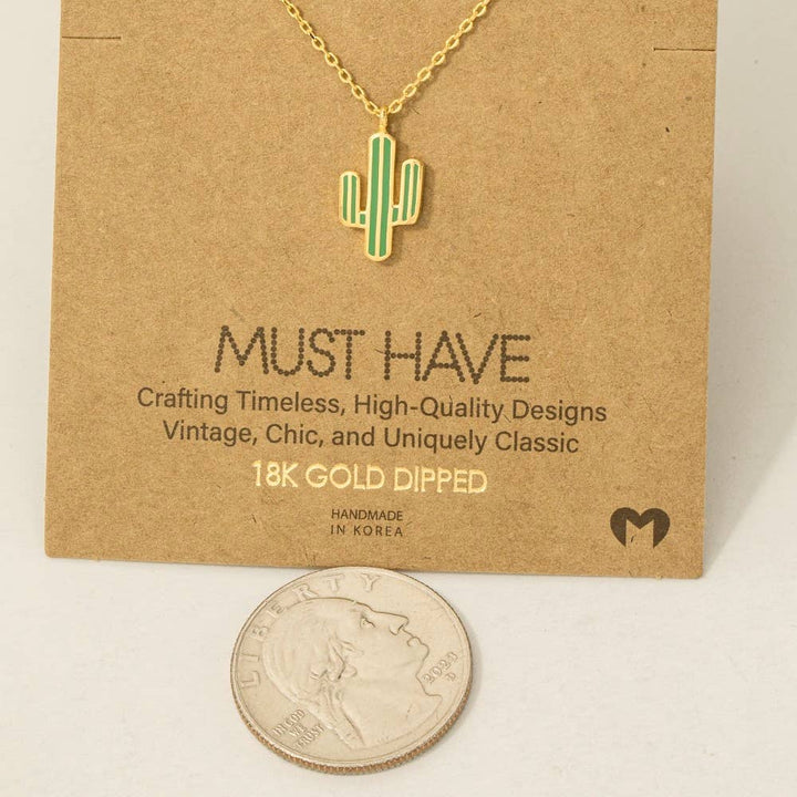 Gold Dipped Enamel Cactus Pendant Necklace: MI