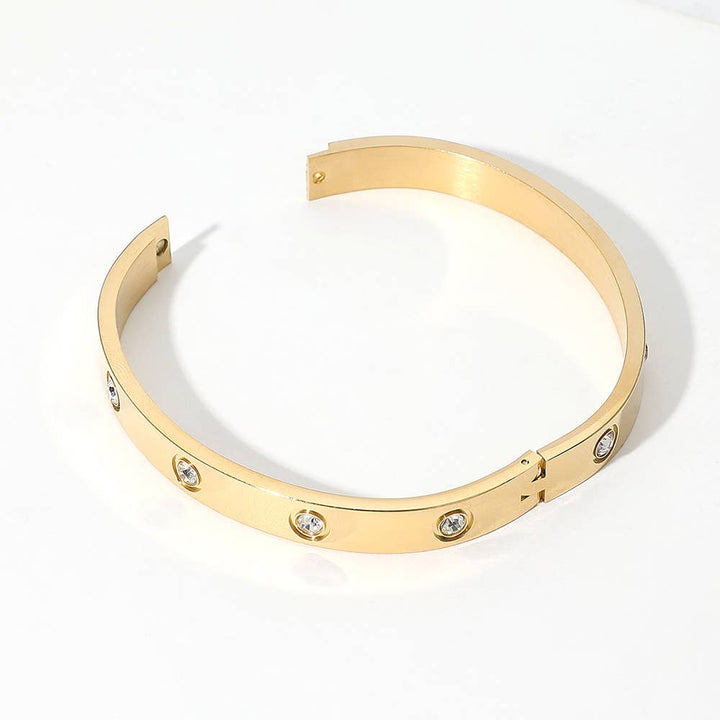Stone Paved Hinged Bangle Bracelet: Gold