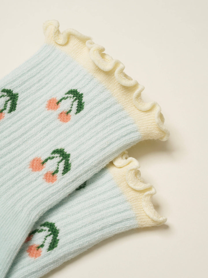 Cherry Ruffle Grip Sock: Baby Blue