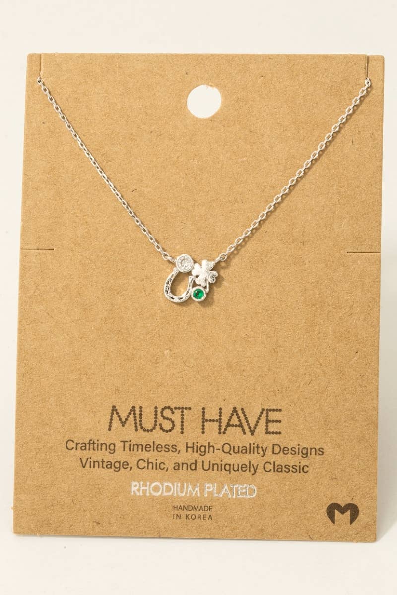 Gold Dipped Horseshoe and Clover Pendant Chain Necklace: Silver