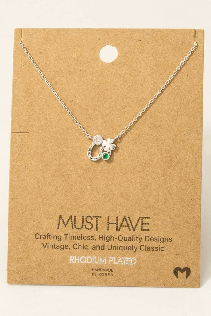 Gold Dipped Horseshoe and Clover Pendant Chain Necklace: Silver