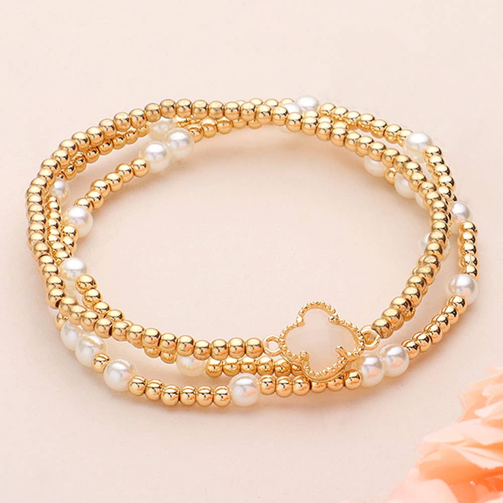 3PCS - Quatrefoil Pearl Metal Ball Beaded Stretch Bracelets: White