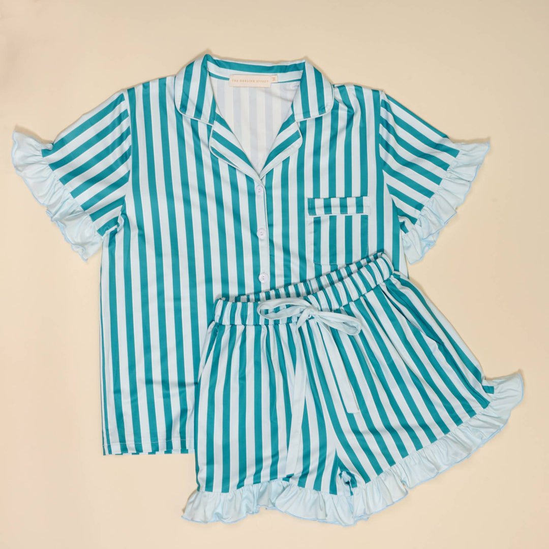 Large- Slumber Party Pajama Shorts Set–Sicily Stripes Teal