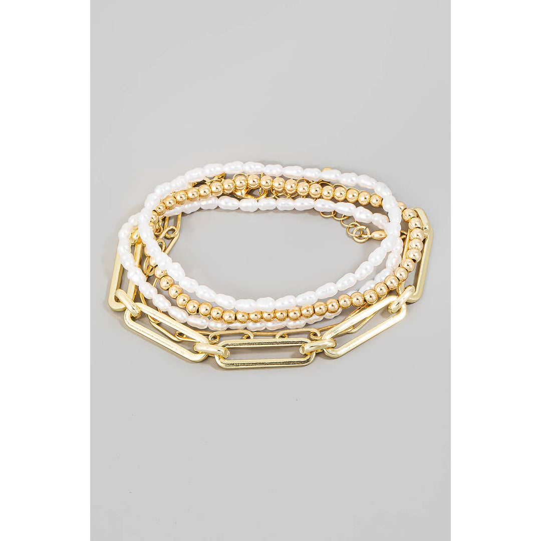 Assorted Pearl Bead Chain Bracelet Set: Gold