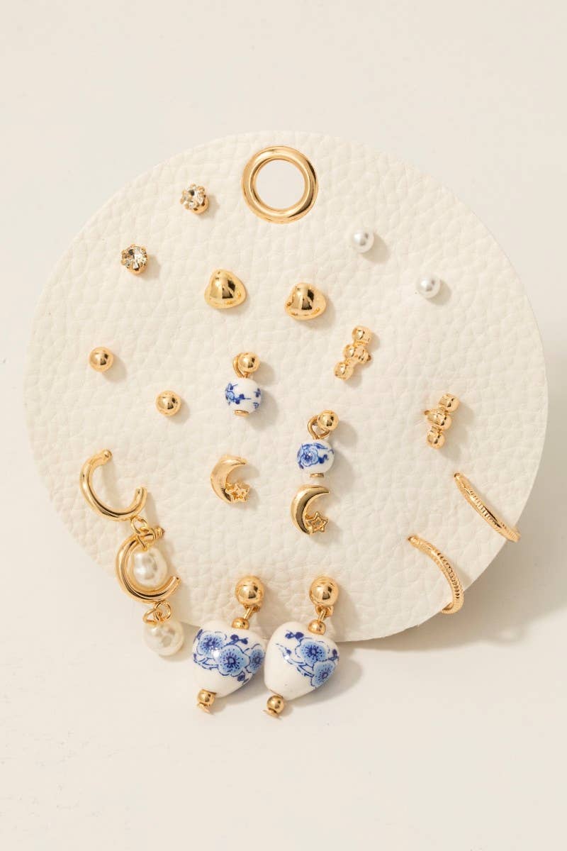 10 Piece Pearl And Ceramic Mixed Earrings Set: Gold