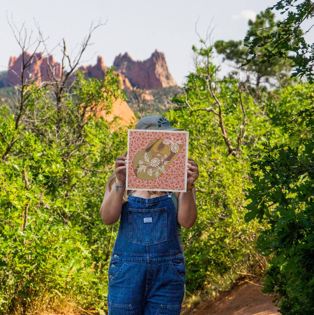 8"x8" Brown and Pink Cowboy Hat Floral Art Print: