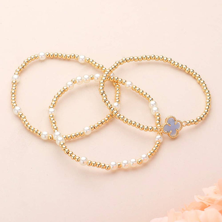 3PCS - Quatrefoil Pearl Metal Ball Beaded Stretch Bracelets: White