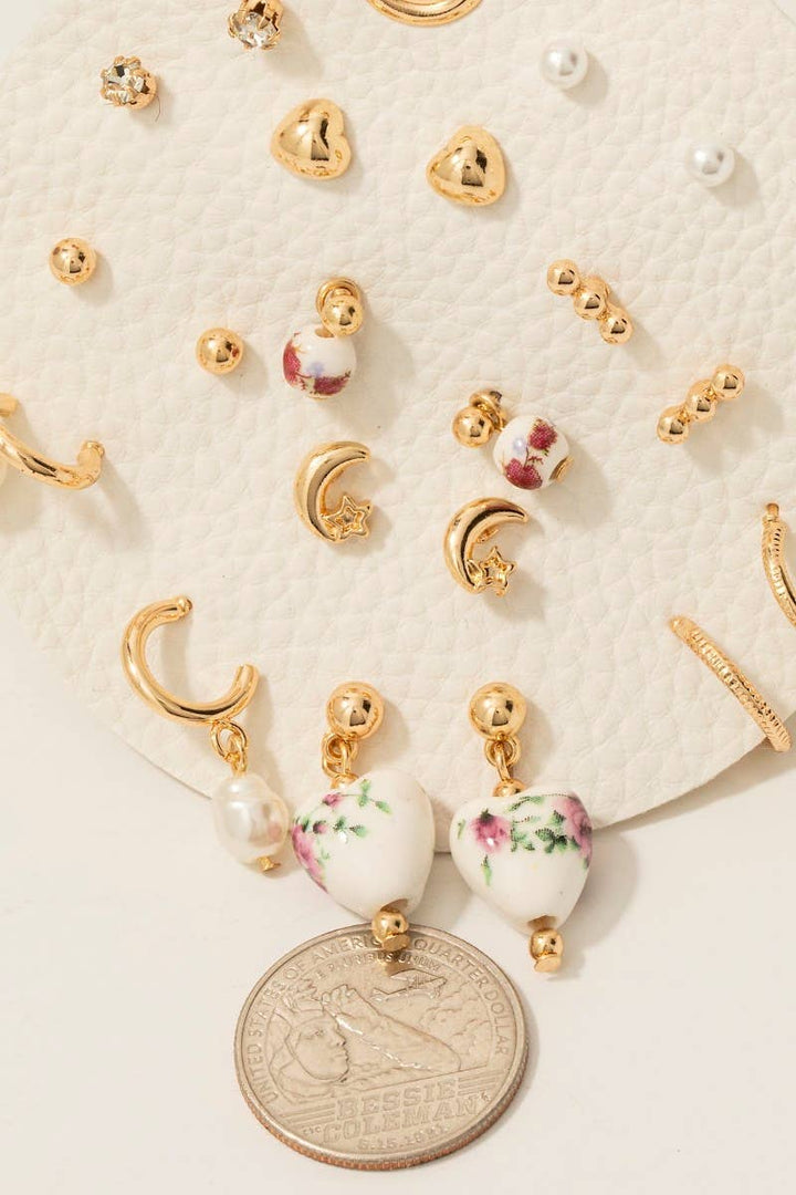 10 Piece Pearl And Ceramic Mixed Earrings Set: Gold