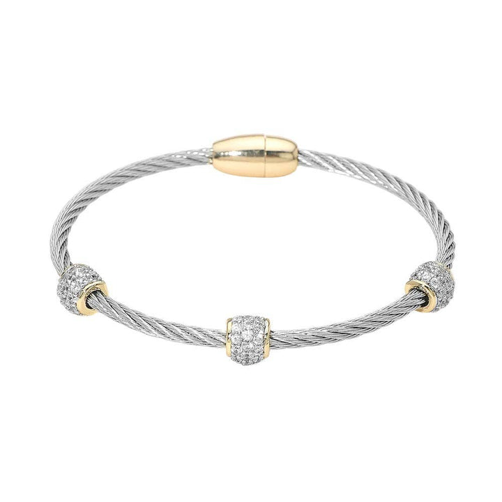 14K Gold Plated Two Tone CZ Stone Paved Cluster Accent Twisted Magnetic Bangle Bracelet