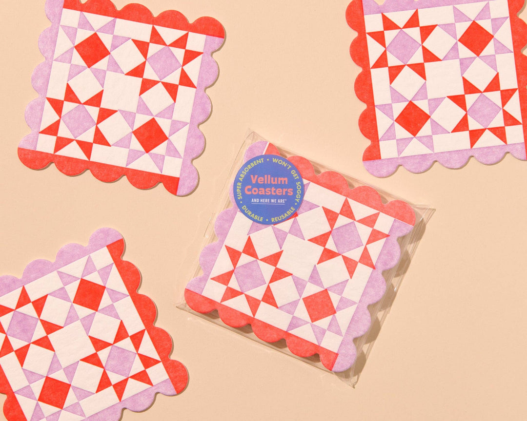 Mod Quilt Scalloped Vellum Coasters - Red/Lilac (Set of 4)