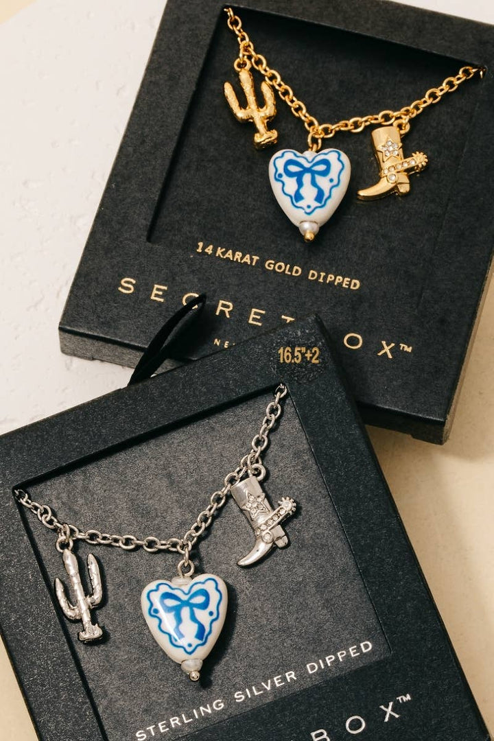 Gold Dipped Ceramic Bow Heart Western Charms Chain Necklace: GD