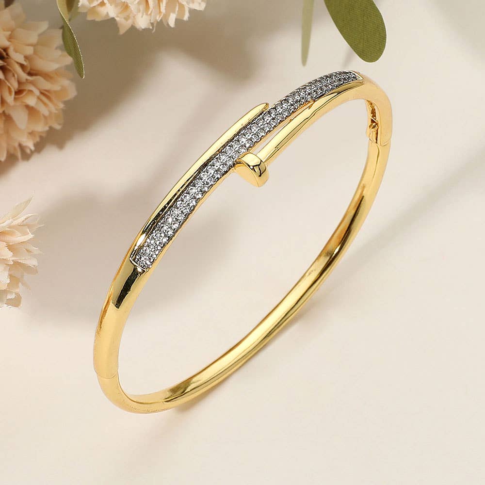 Stainless Steel Rhinestone Pave Nail Hinged Bangle Bracelet