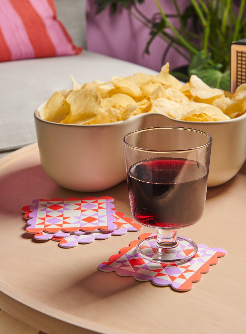Mod Quilt Scalloped Vellum Coasters - Red/Lilac (Set of 4)