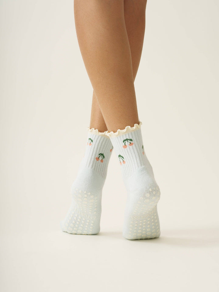 Cherry Ruffle Grip Sock: Baby Blue