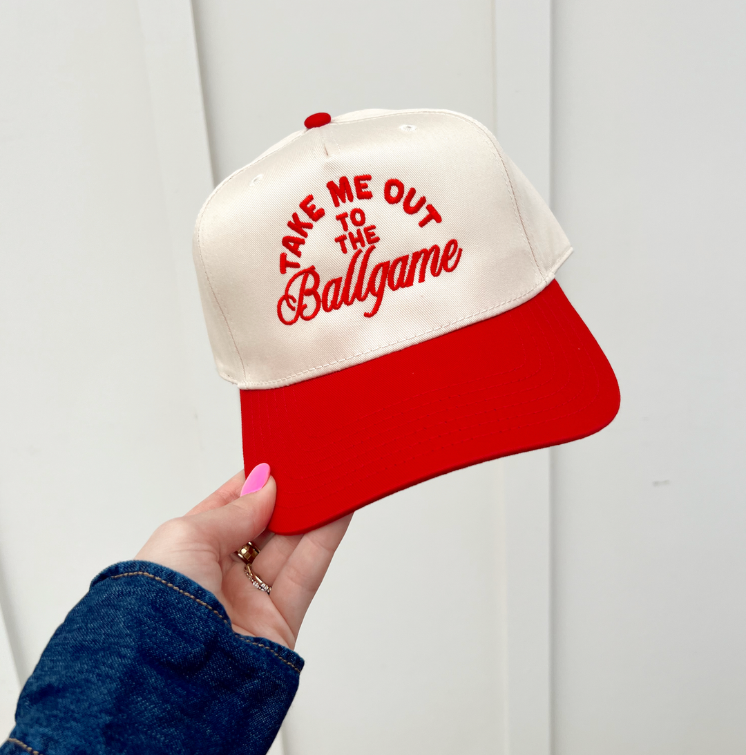 Take Me Out To The Ballgame-Baseball Hat: Red/Natural Hat