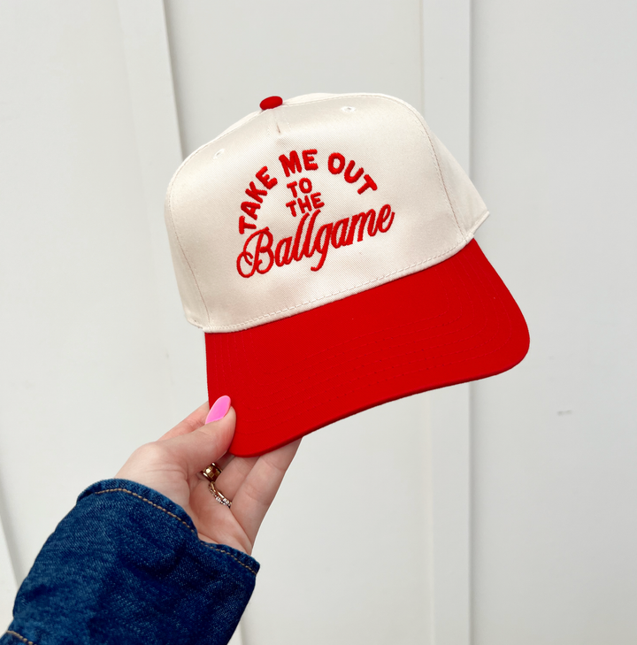 Take Me Out To The Ballgame-Baseball Hat: Red/Natural Hat