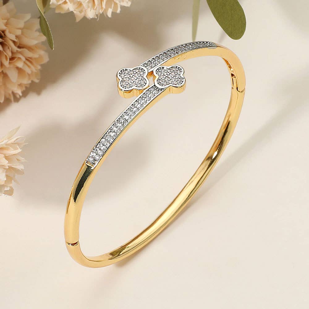 SECRET BOX_Stainless Steel Rhinestone Pave Quatrefoil Tip End Wrapped Hinged Bangle Bracelet