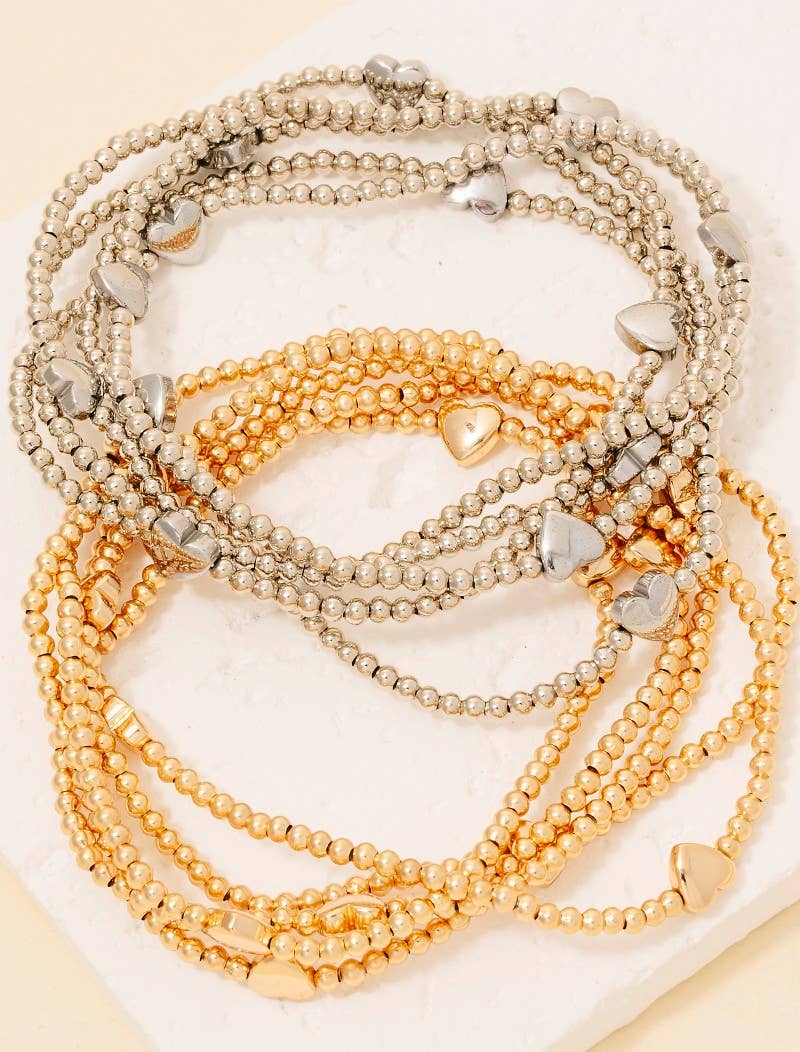 Metallic Heart Charms Beaded Bracelet Set: Gold