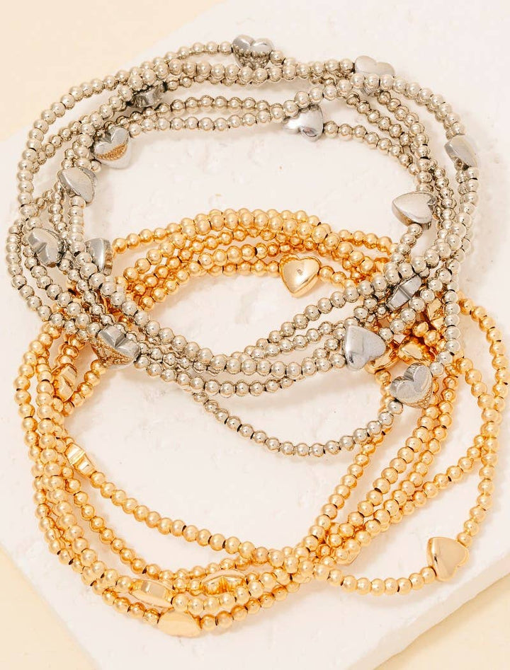 Metallic Heart Charms Beaded Bracelet Set: Gold