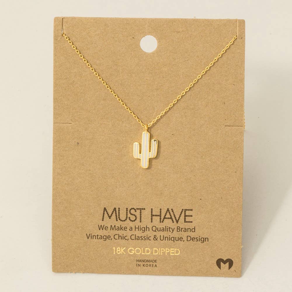 Gold Dipped Enamel Cactus Pendant Necklace: MI