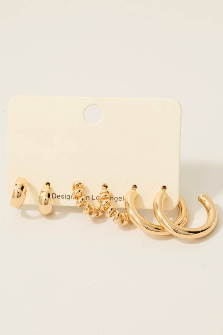 3 Piece Mixed Hoop Earrings Set: Gold