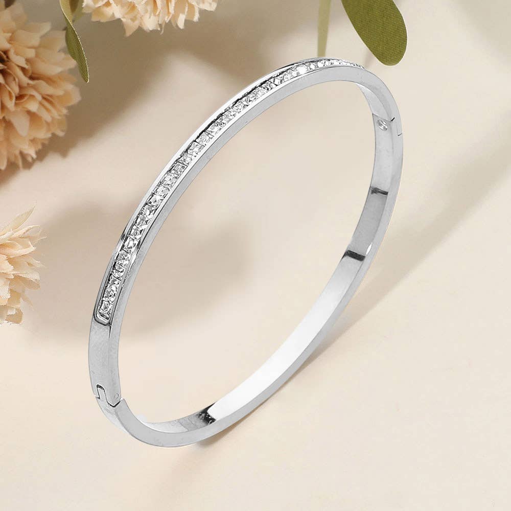 SECRET BOX_Stainless Steel Single Row Rhinestone Paved Hinged Bangle Bracelet: Rhodium