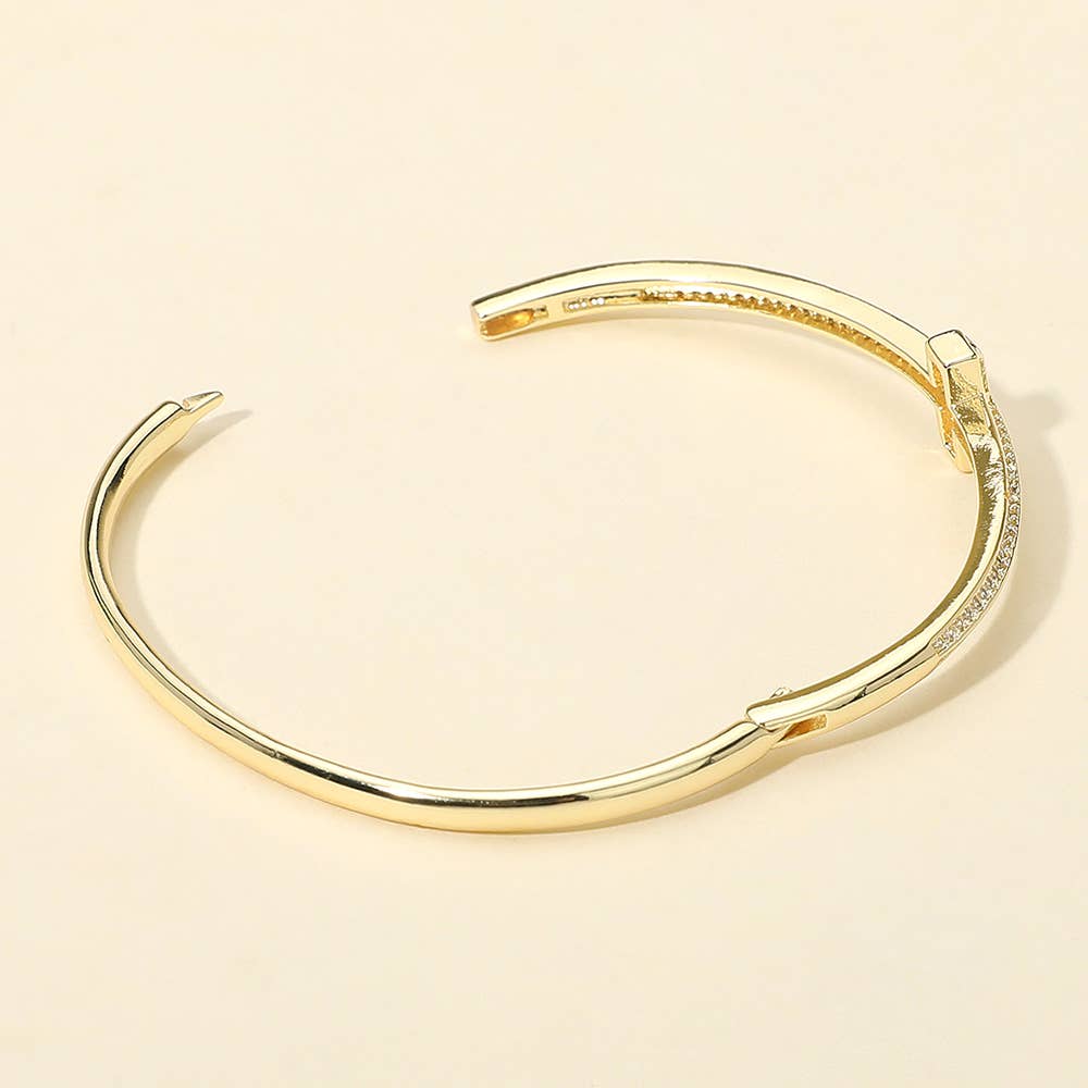 Gold Plated CZ Stone Paved T-bar Hinged Bangle Bracelet: Gold