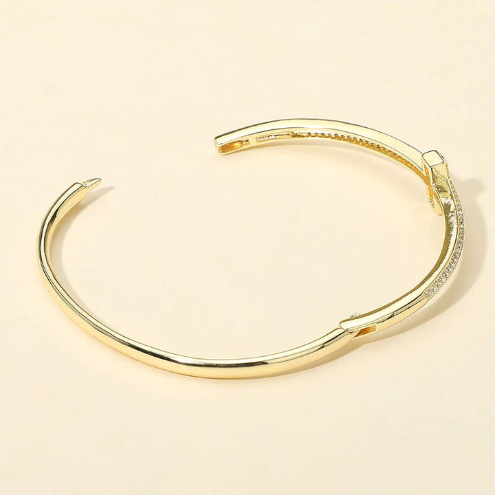Gold Plated CZ Stone Paved T-bar Hinged Bangle Bracelet: Gold