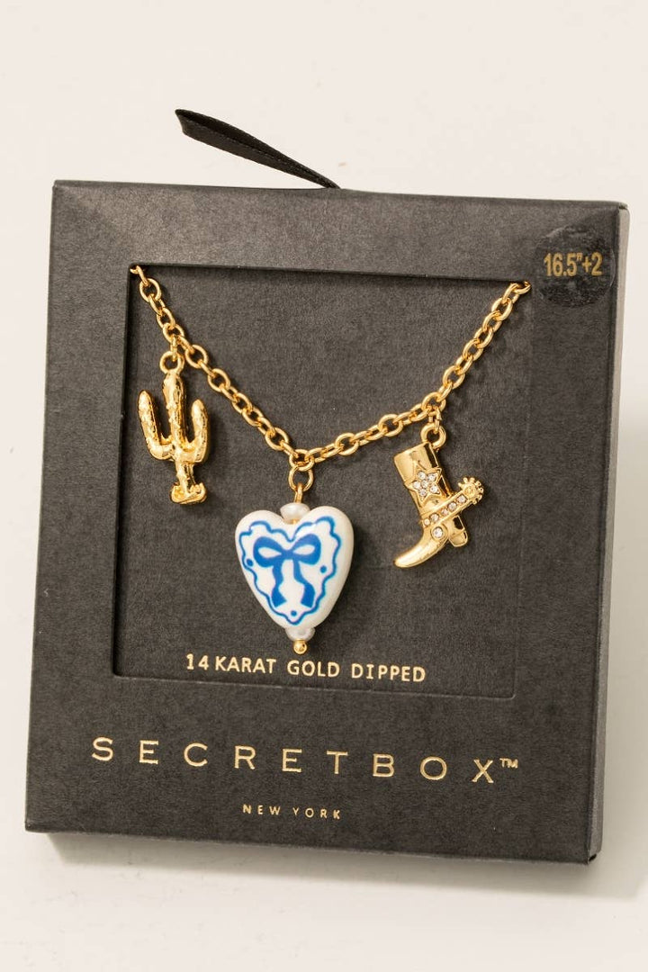 Gold Dipped Ceramic Bow Heart Western Charms Chain Necklace: GD