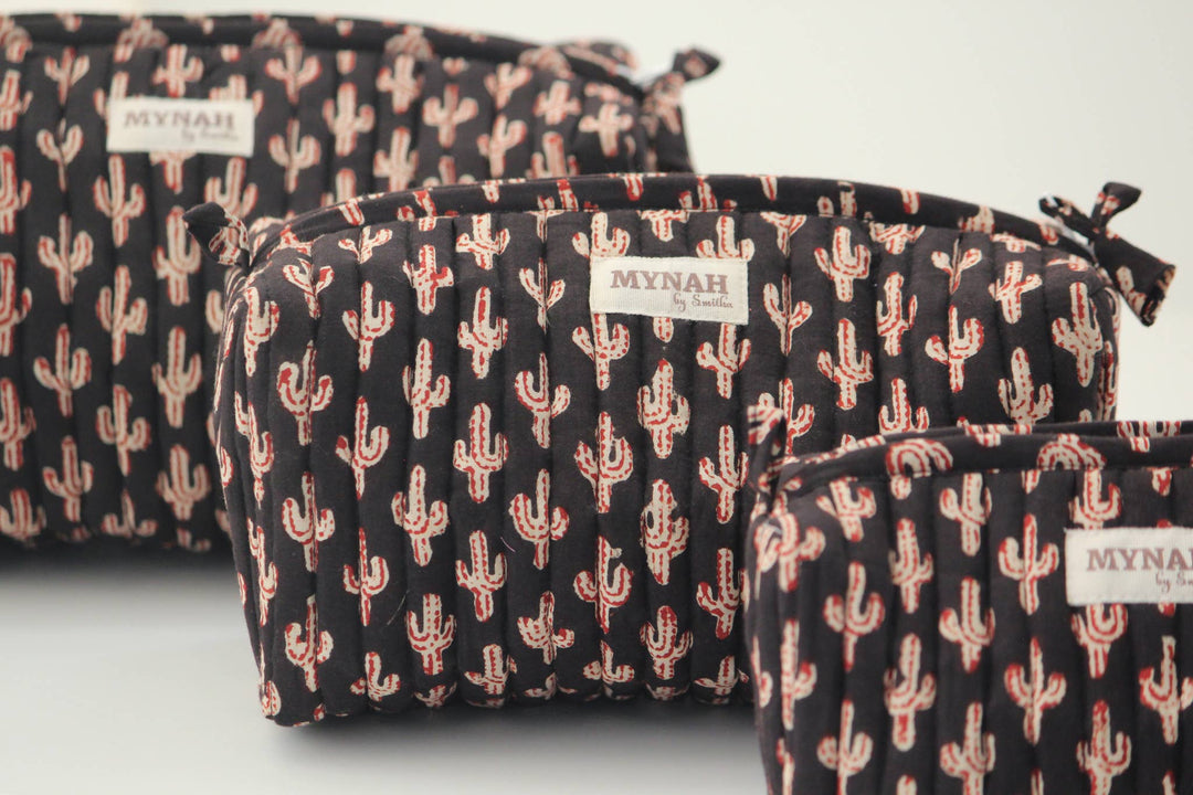 Quilted hand block print floral travel make-up bag