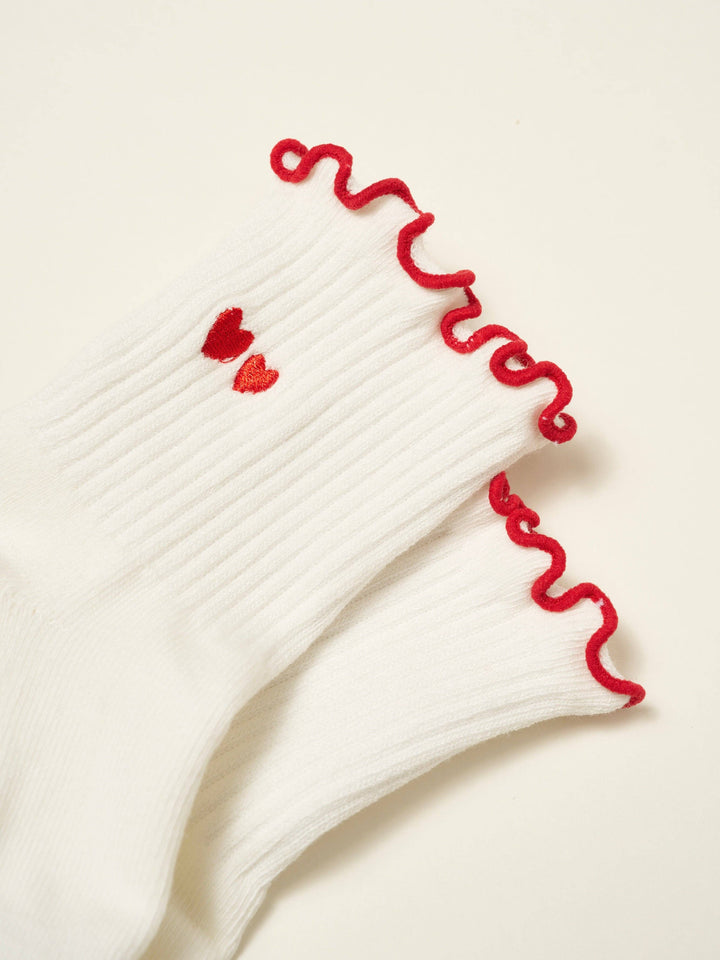 Embroidery Heart Duo Ruffle Grip Sock