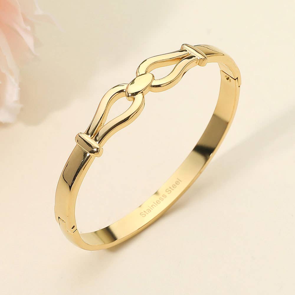Stainless Steel Modern Link Hinged Bangle Bracelet: Gold