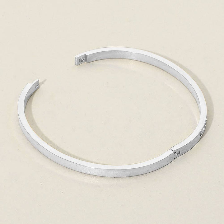 SECRET BOX_Stainless Steel Single Row Rhinestone Paved Hinged Bangle Bracelet: Rhodium