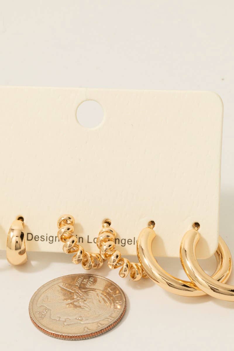 3 Piece Mixed Hoop Earrings Set: Gold