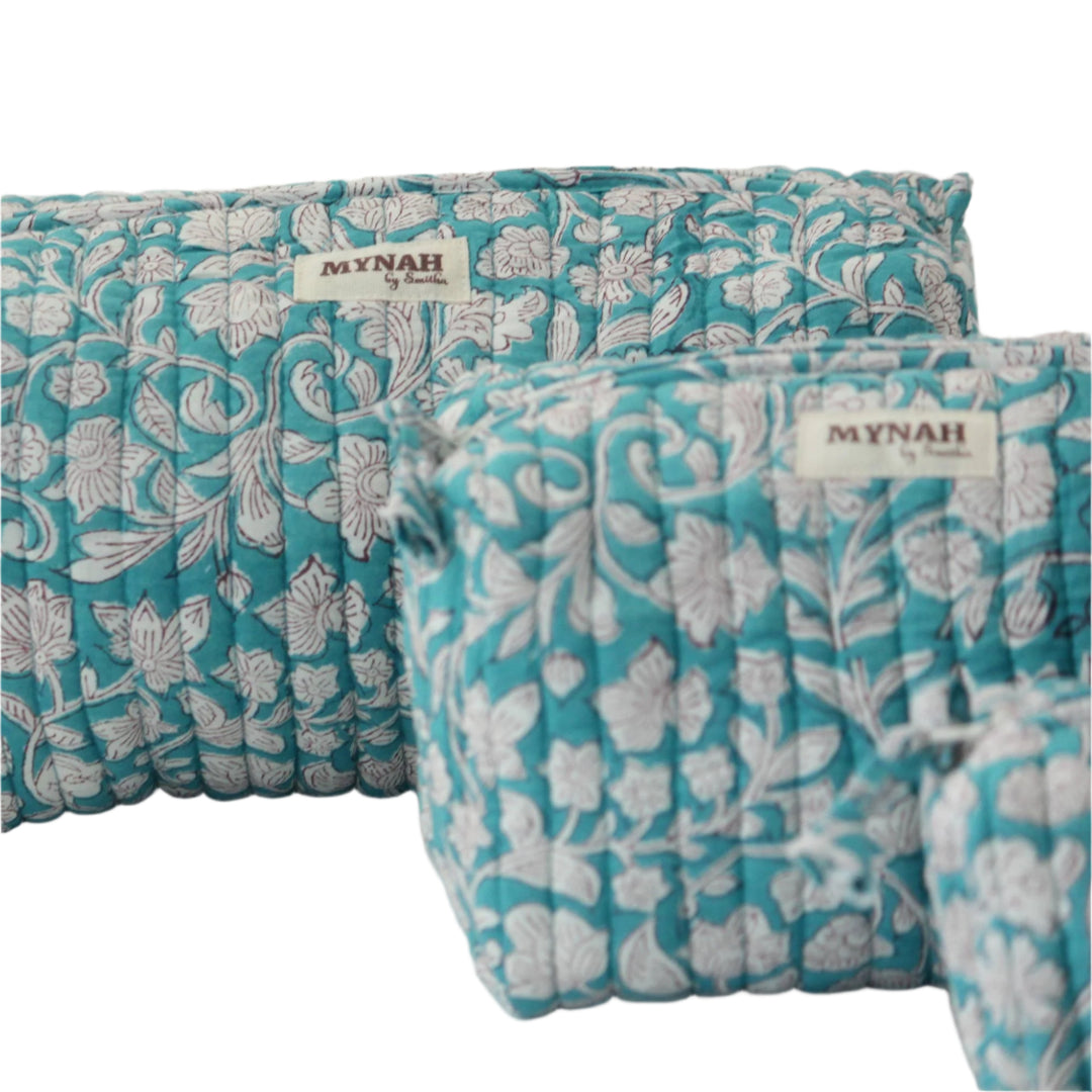 Large Teal Thistle Floral Cosmetic Bag