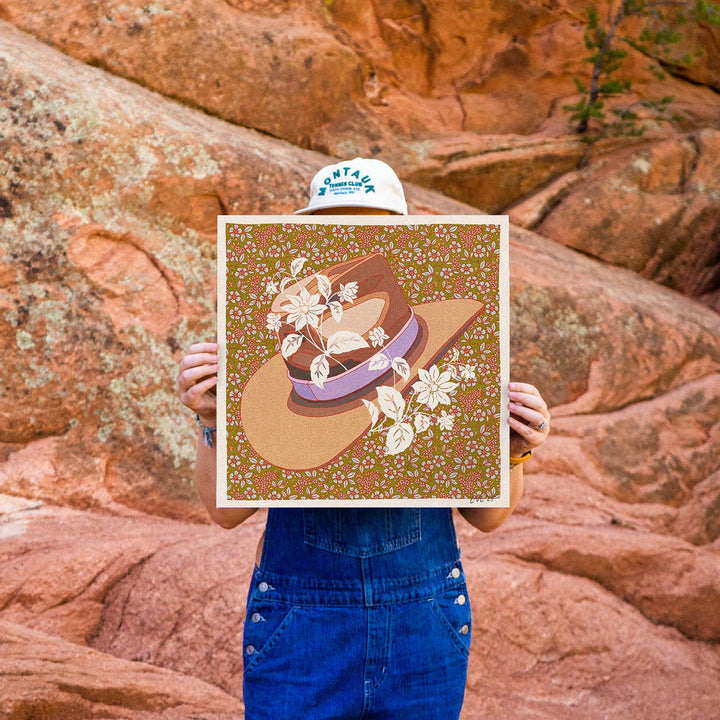 8"x8" Lavender and Brown Cowboy Hat Floral Art Print: 8"x8"