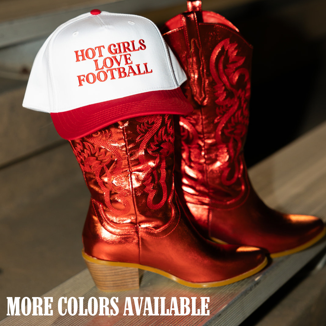 Hot Girls Love Football- Embroidered Hat - Game Day Hat: Red/White- Red Thread