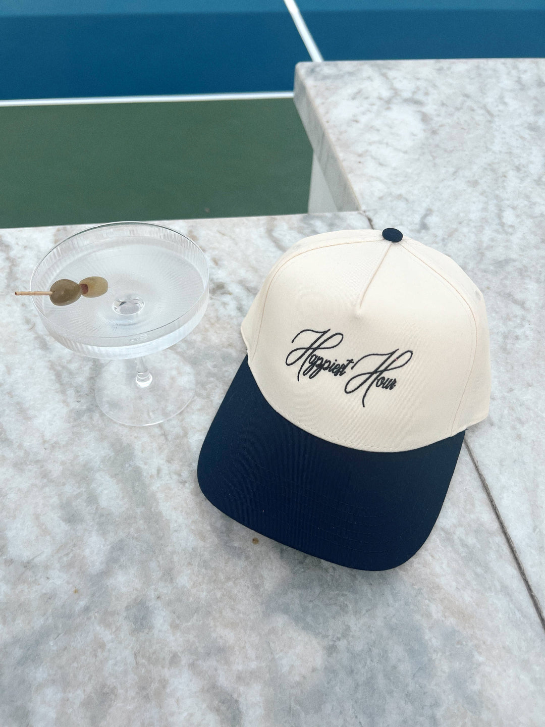 Happiest Hour-Embroidered Trucker- Nvy/Natrl Hat Blk Thread: Cream/Navy