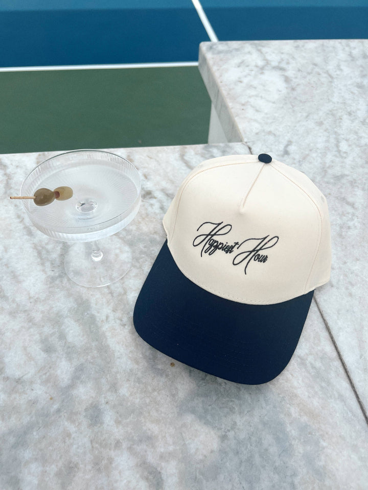Happiest Hour-Embroidered Trucker- Nvy/Natrl Hat Blk Thread: Cream/Navy
