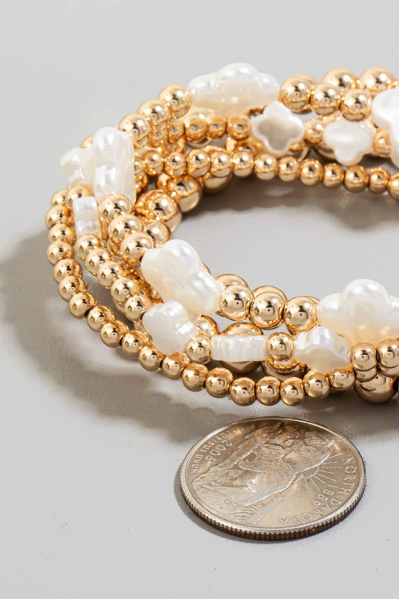 Pearl Clover Charms Metallic Beaded Bracelet Set: Gold