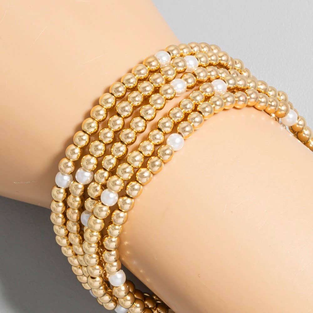 5 Piece Pearl And Metallic Beaded Bracelet Set: Gold