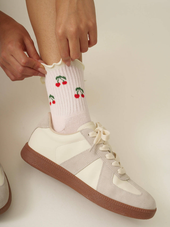 Cherry Ruffle Grip Sock: Baby Pink