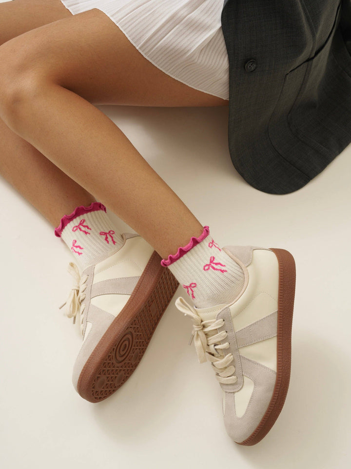 Bow Ruffle Grip Sock: Hot Pink